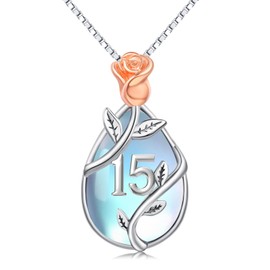 Midir&Etain 15 Year Old Girl Gifts for Birthday / 15th Birthday Gifts for Girls Daughter 925 Sterling Silver Moonstone Rose Flower Pendant Necklace Christmas Anniversary Jewellery