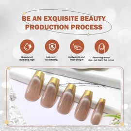 Cihcshe Press on Nails, French Trapezoid Fake Nails, Reusable Stick On Nail Kit with Jelly Soft Gel, Golden Brown Cat's Eye Nails Press Ons for Women, 24Pcs