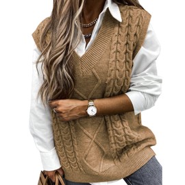 Niwicee Sweater Vest Knitted Sleeveless Jumpers Tank Top Streetwear Knitwear Plaid Pullovers Sweatshirts Oversized V Neck Cable Knit Vintage Retro Stylish Spring Autumn Winter Chunky Women(Khaki,L)