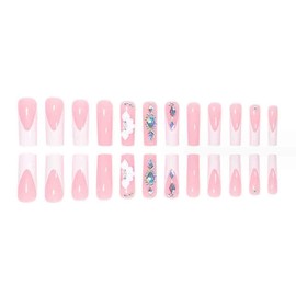 White Press on Nails Artificail Extra Long, French Square Fake Nails, Crystal Flowers Nails Acrylic Full Cover Long Fake Nails with Design Nail Tips for Women&Girls-24PCS