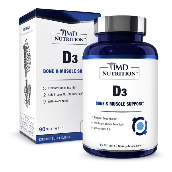 1MD Nutrition Vitamin D3 5000 IU Softgels | Bone Health, Muscle Function, & Immune Support | Gluten Free and Non-GMO with Organic Avocado Oil | 3-Month Supply