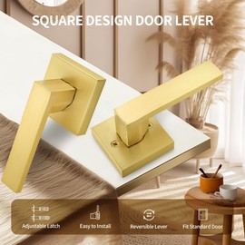 Moquin Brushed Gold 3 Pack Wholesale Square Design Non-Locking Passage Door Handle, Heavy Duty Door Lever Without Keys and Lock, Reversible Handle for Hallway/Closet Door in Satin Brass Finish