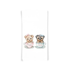 Yorkie Teacup Puppy Love Flour Sack Cotton Hand Towel, Cute Kitchen Decor, Mother's Day Valentine's Day Birthday Christmas Gift Idea for Yorkshire Terrier Dog Lovers