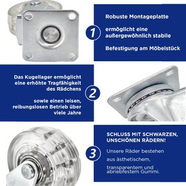 Stolmet Furniture Castors for Furniture, Pack of 4, Diameter 50 mm, 50 kg Load Capacity Per Roller, Rubber Castors for Furniture, Wheels, Bearings, Transport Castors,