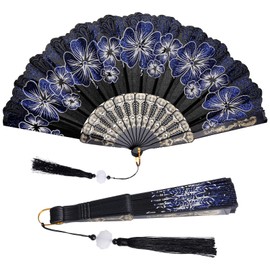 choyaxo Folding Hand Fan Flowers Pattern Handheld Chinese Folding Fan for Costume Weddings Dancing Party DIY Bridal Hand Fan (Blue)