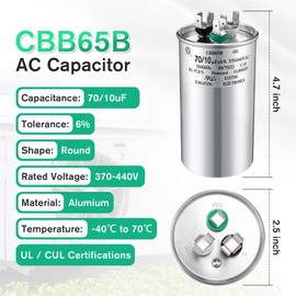 Fiada 70+10 uF±6% 370/440VAC, CBB65B Dual Run Round AC Capacitor, UL Listed Motor Run Capacitor for Air Conditioner Unit Fan Motor Start or Heat Pump or Condenser Straight Cool Part Replacements