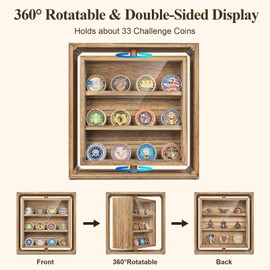 Emfogo Double-Sided Rotating Challenge Coin Display, Wooden Military Coin Holder Holds 33 Coins for Desktop, 6-Row Display Stand for Honoring Veterans & Collectors (Rustic Brown)
