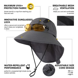 TOP-EX M/L/XL/XXL Unisex Mens Sun Hat with Neck Flap Sunglass Lock UV Protection Summer Hats Wide Brim Fishing Hats Waterproof & Packable Dark Grey XL/XXL
