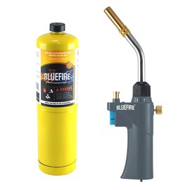 BLUEFIRE BTS-8090 Auto ON/OFF Trigger Start Heavy Duty Gas Welding Torch Head Adjustable Swirl Flame Hand Hold Portable Fuel by MAPP/MAP Pro/Propane 1lb Bottle Tank (Torch Kit with MAPP Cylinder)
