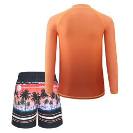 Aisyee Baby Boys Two Piece Rash Guard Swimsuits Kids Long Sleeve Bathing Suit with Swim Trunk Swimwear Set Orange Gradient 3T