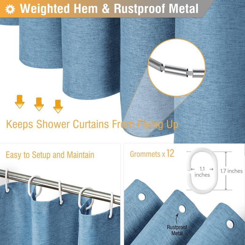 BTTN 78 Inch Long Shower Curtain - Blue Linen Textured
