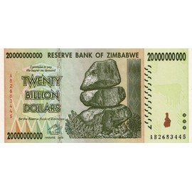 Simbabwe 20 Billion Dollar Banknote Bill Money Inflation Record Currency Note