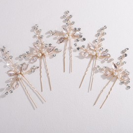 Lenjicons Dainty Crystal Pearls Hair Pin Leaf Rhinestone Hair Pins Wedding Hair Pins Handmade Leaf Rhinestone Hairpiece Bridal Hair Accessories for Women(5pcs) (gold)