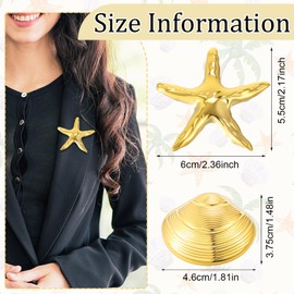 2PCS Starfish Shell Brooch, Gold Brooches for Women, Ocean Themed Brooch Pins, Summer Beach Party Costume Accessories