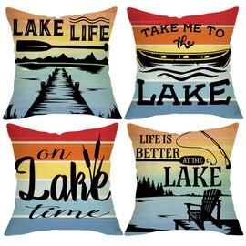 Fjfz Lake Life Boat Paddle Decorative Throw Pillow Covers 20x20 Set of 4, on Lake Time Lakehouse Rainbow Stripes Porch Outdoor Home Decor, Fishing Rod Chair Spring Summer Farmhouse Couch Cushion Case