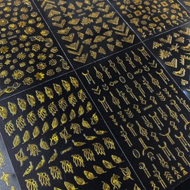 10 Sheets Gold Nail Art Stickers 3D Self-Adhesive Flower Leaf Nail Decals Golden Metallic French Line Curve Strip Nail Supplies Retro Vine Pattern Design DIY Decoration for Women Girls