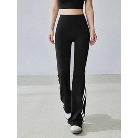 OQQ Yoga Pants Women High Waist Stripes Soft Casual Stretch Flared Bottoms Trousers Black