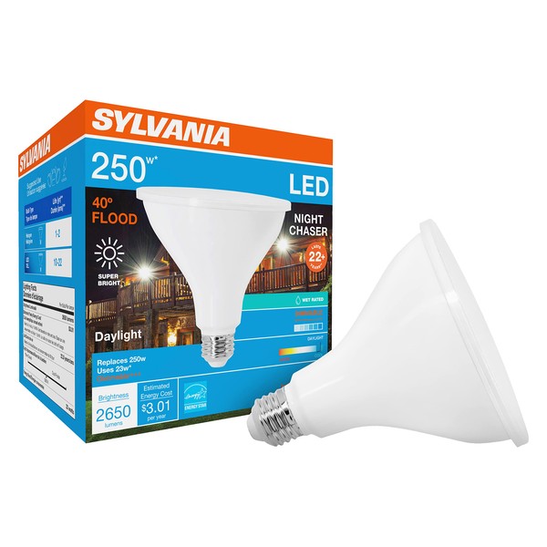 SYLVANIA Night Chaser LED PAR38 Light Bulb, 250W=25W, Dimmable, 22 Years, Super Bright 2650 Lumens, 5000K, Daylight - 1 Pack (74794)