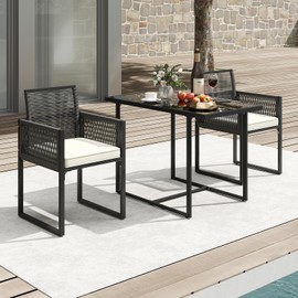 DORTALA Rattan Patio Furniture Set, 3-Piece Dining Set with Cushions, Tempered Glass Tabletop, Outdoor Wicker Small Chairs & Table Set for Backyard, Balcony, Poolside, Black+White