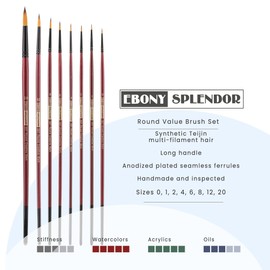 Creative Mark Ebony Splendor Long Handle Synthetic Sable Paint Brush, Round Set of 7, Teijin Multi-Filament Hair, Handcrafted Synthetic Paint Brushes for Acrylic Painting, Watercolor Painting & More