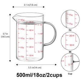 Luvan 18OZ/500ML Glass Measuring Cup, 2 Cup Glass Measuring Cups With 3 Scales (Ml/Oz/Cup), High Borosilicate Measuring Cup With Handle and V-Shaped Spout, Dishwasher/Freezer/Microwave Safe