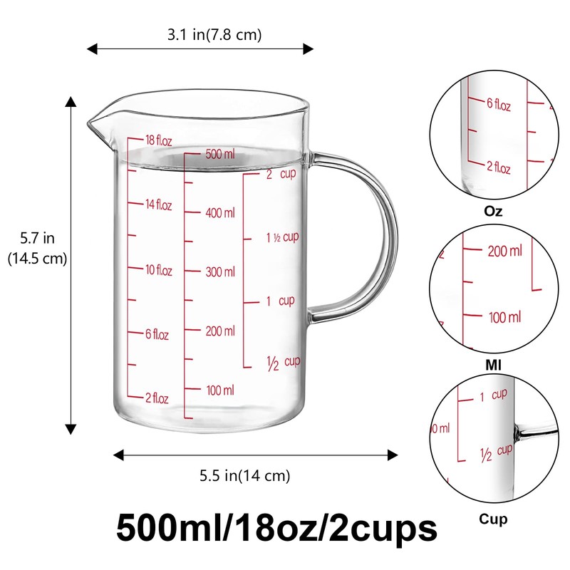 Luvan 18OZ/500ML Glass Measuring Cup, 2 Cup Glass Measuring Cups