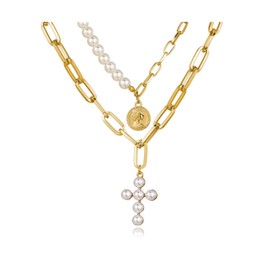 Gold Pearl Cross Necklace for Women Layered Necklace Coin Pendant Necklace Stacked Necklace Birthday Party Jewelry for Women (Gold)