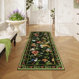 Vowkten Runner Rug for Kitchen 2'6"x8' Washable Rugs with Rubber Backing Soft Floral Bird Magpies Floral Animal Carpet Runner for Kitchen, Laundry, Bedroom, Bathroom (Green)