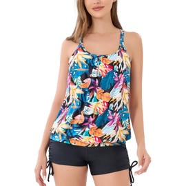 IHCEMIH Swimming Costume Women Tankinis Sets Push up Tummy Control High Waisted Swimwear Swimsuits Bathing Suit Beach Wear Women's Two Pieces Printed Floral Blouson Tankini with Shorts for Ladies XL
