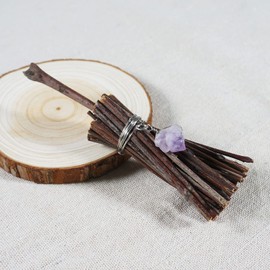 Soulnioi Natural Crystal Golden Moon White Crystal and Obsidian Crystal Bobby Pins and Witch Mini Twig Broom with Amethyst Pendant