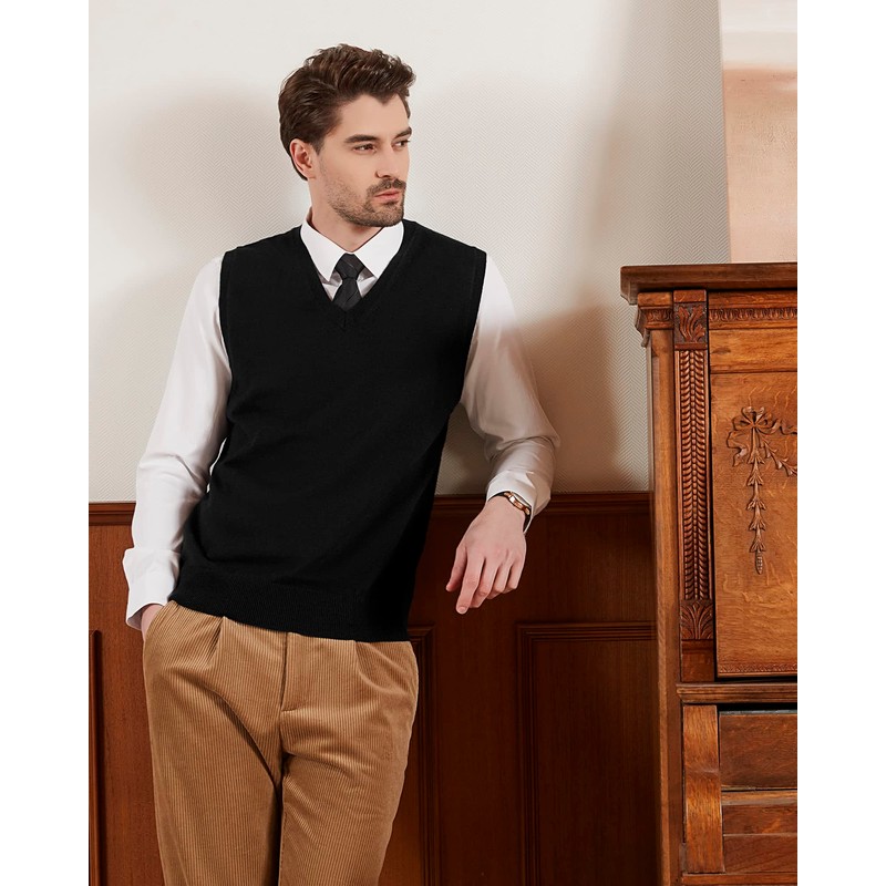 Kallspin Mens Wool Blend V Neck Sleeveless Sweater Vest, black