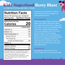 Amazing Grass Kidz Superfood: Organic Greens, Fruits, Veggies, Beet Root Powder & Probiotics for Healthy Kids, Berry Blast, 30 Servings
