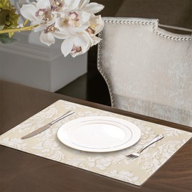TOPLUXE Place Mats Set of 4 Floral Place Mats Washable 30 x 45 cm Place Mats for Dining Table Holiday Party Living Room Decoration (Beige & White)