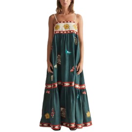 Thopavenoir Boho Floral Print Midi Dress for Women Long Sleeve V Neck Tiered Long Dresses Smocked Beach Bohemian Sundress (F Green, M)