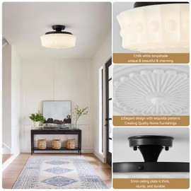 youngrender Schoolhouse Light Fixture Modern Black Flush Mount Ceiling Lighting 14" Milk White Glass Shade Vintage Ceiling Light for Farmhouse Kitchen Hallway Entryway