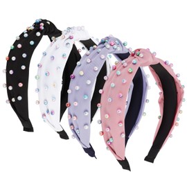 Jaciya Headbands for Women 4 Pack Pearl Headbands for Girls Knotted Headband for Women Colorful Beaded Headband Knot Turban Hair Accessories