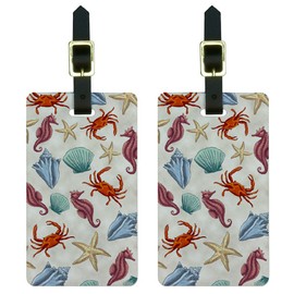 Graphics & More Sea Life-Ocean Seahorse Seashell Conch Starfish Crab Beach Luggage Tags Set, White