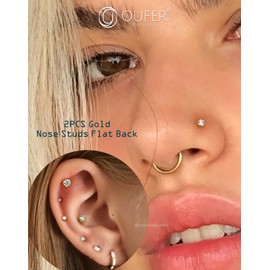 OUFER 2Pcs Nose Rings Studs, 20G G23 Solid Titanium Threadless Nose Earrings Flat Back Small CZ 2.5MM Gold Nose Rings for Women Men-6MM