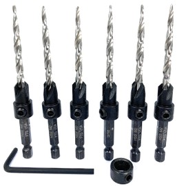 FTG USA 6 Pc #10 (3/16") Countersink Drill Bit Set with Depth Stop Collar, Hex Wrench - Tapered Drill Bits for Wood