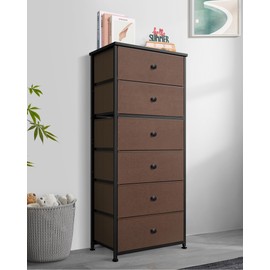 Tall Fabric Dresser for Bedroom, Vertical Storage Organizer Tower with 6 Drawers, Chest of Drawers with Bins, Steel Frame, Wood Top for Bedroom, Closet, Entryway Brown