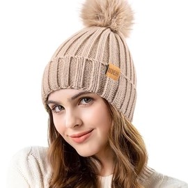 REDESS Womens Winter Knitted Beanie Hat Warm Fleece Lined with Pompom Cap Thick Slouchy Snow Knit Skull Ski Cap