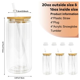 4 Pack Acrylic Snow Globe Tumbler, 20oz Snowglobe Cups with Pre Drilled Hole, Double Wall Plastic Cups Blanks with Bamboo Lid and Plastic Straw, Glitter Snow Globe Cup for DIY Gift