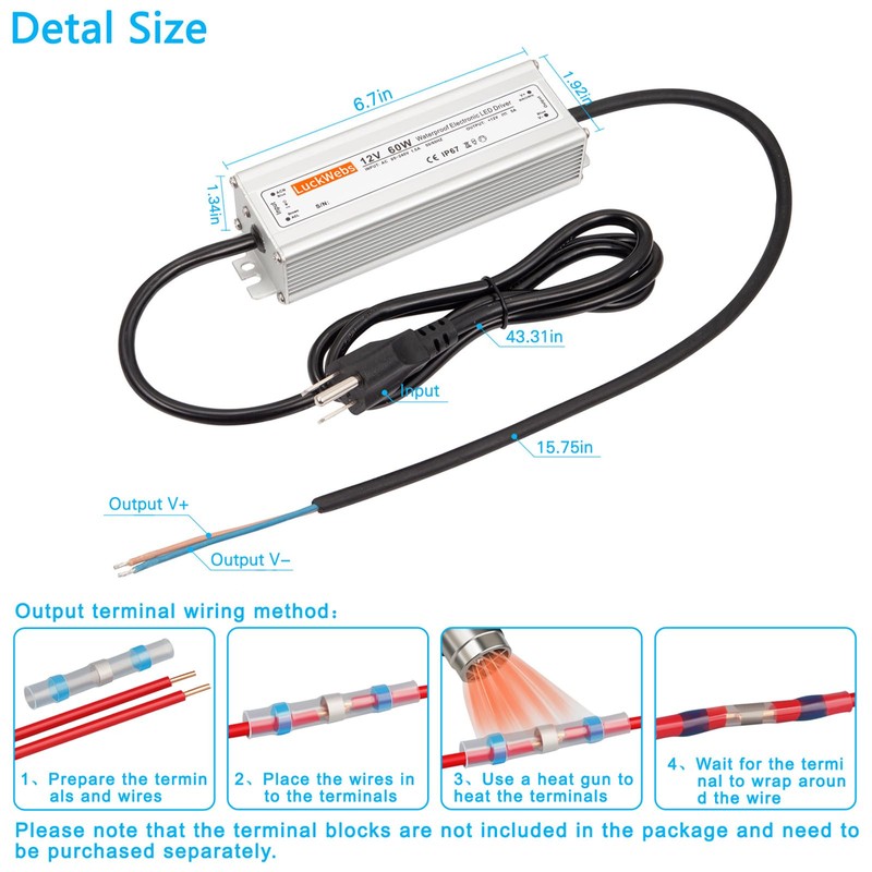 LuckWebs LED Driver 12V 60W Waterproof IP67 Power Supply Transformer