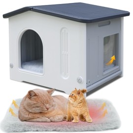 CSQOO Waterproof Outdoor Cat House with Escape Door, Plastic Cat House for Feral Cats Outdoor Cat House with Mat, Sturdy Cat House for Outdoor Cats, Assemble Easily-Grey