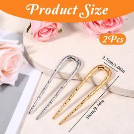 2 Pcs Metal U Shape Hair Pins for Women, French Wavy Twist Hairs Forks for Thick Hairs Vintage 2 Long Prong Hair Sticks for Buns Women Girls Hairstyle Accessories (Black, Silver)