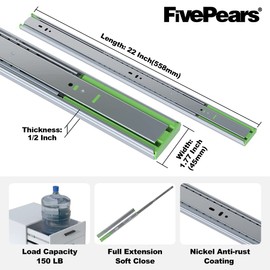 Fivepears 1 Pairs 22 Inch Heavy Duty Soft Close Drawer Slides, 150 Lb Load Capacity Full Extension Ball Bearing Side Mount Drawer Runner, Rv Tool Box Kitchen Cabinet Drawer Self Closing Glide Rails