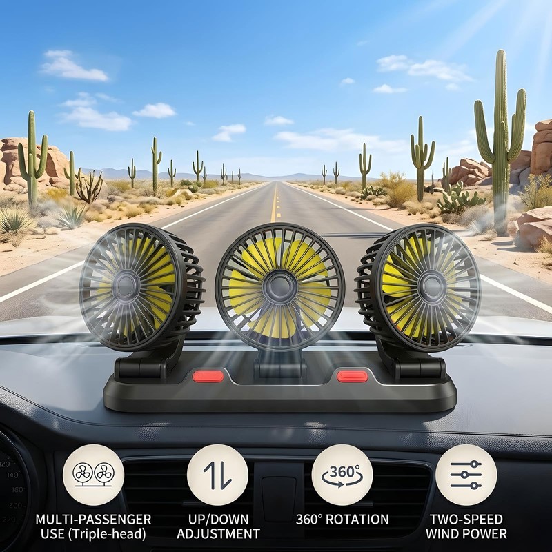 Glatiaofy 12V Car Cooling Three-Head Fan, 360° Rotation, 2-Speed Adjustable,