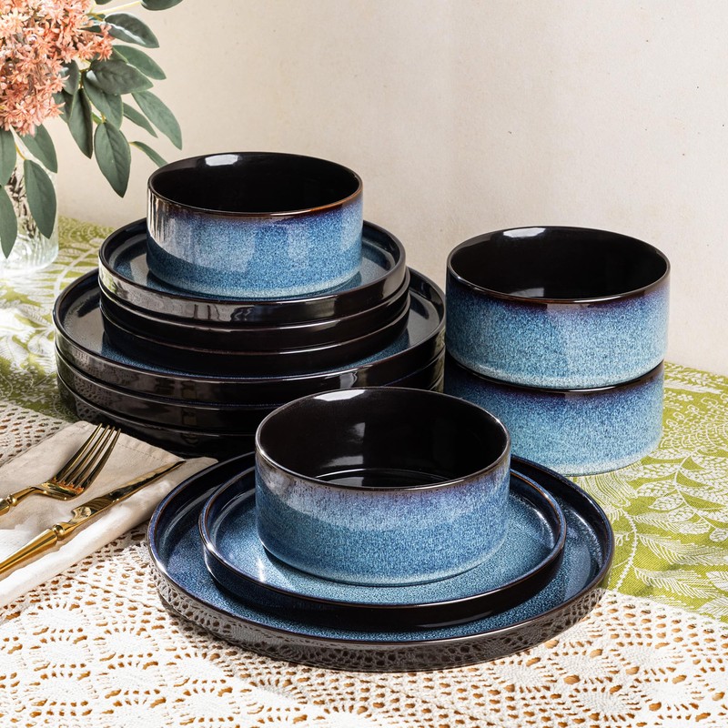 LERATIO Ceramic Dinnerware Sets for 4,Round Reactive Glaze Ceramic Plates