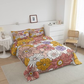 Groovy Flower Comforter 60S 70S 80S Flowers Pink Purple Yellow Comforter Set Retro Floral Boho Bedding Set for Children Kids Boys Girls Microfiber Duvet Set Room Decor Quilt Set Twin Size