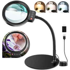 10X 30X Magnifying Glass with Light and Stand, 72 LED 3 Color Modes Stepless Dimmable, Hands Free Lighted Magnifier Desk Lamp for Close Work Craft Hobby Painting Sewing Jewelry Reading (Black)